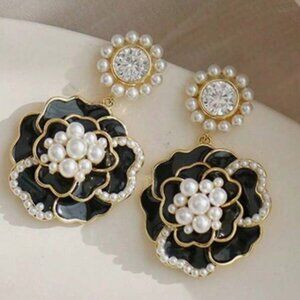 New Black Camellia Pearl Flower Drop Earrings Stainless Steel
